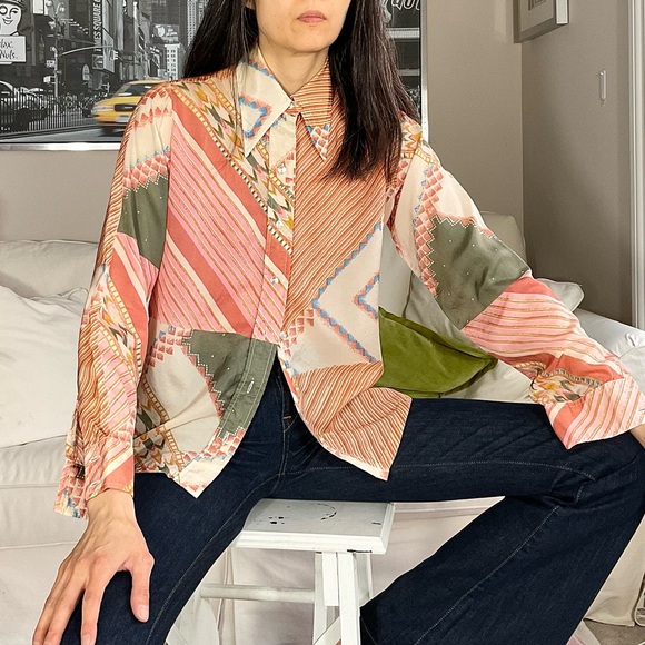 Vintage dagger collar aztec stripe print button down shirt - Picture 2 of 12